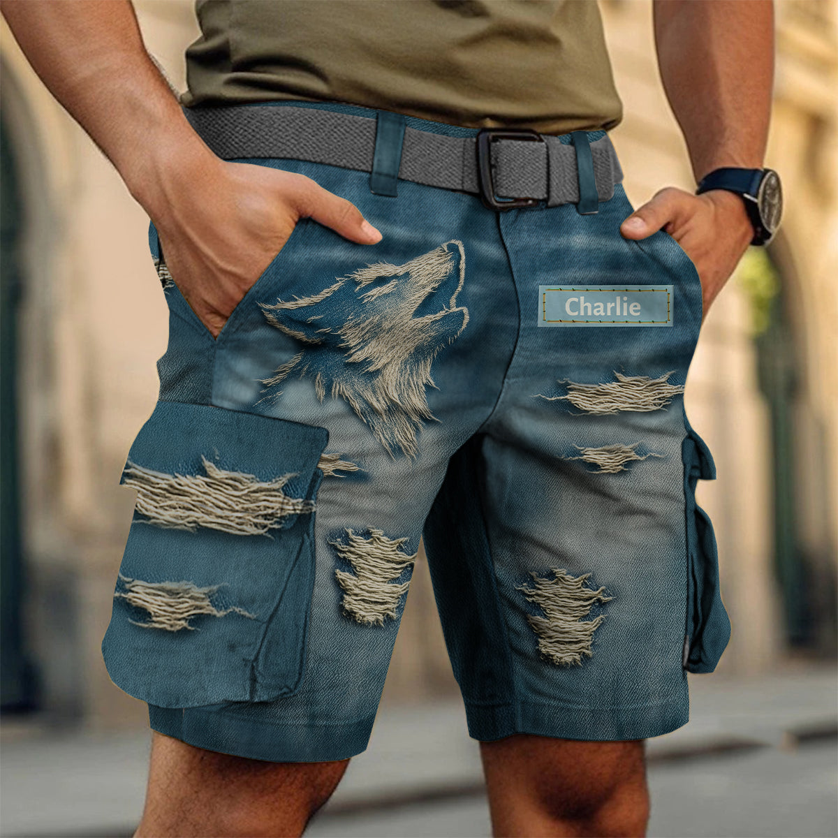 Coole, im Used-Look gehaltene Wolfs-Cargoshorts mit Gürtel