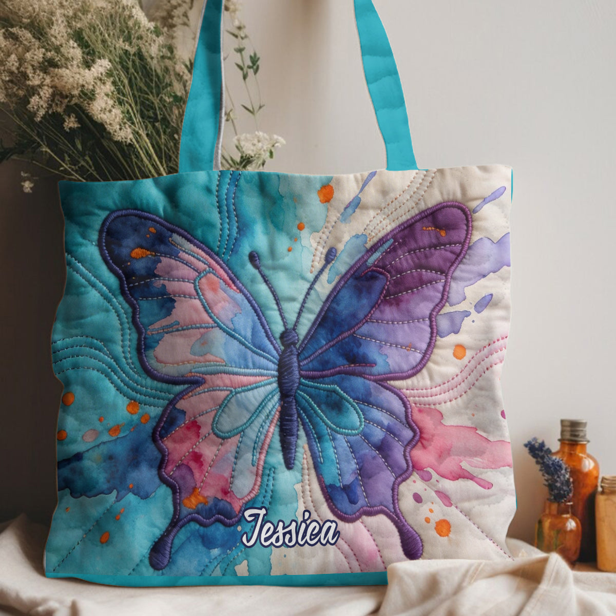 Colorful Butterfies - Personalized Butterfly Quilted Tote Bag