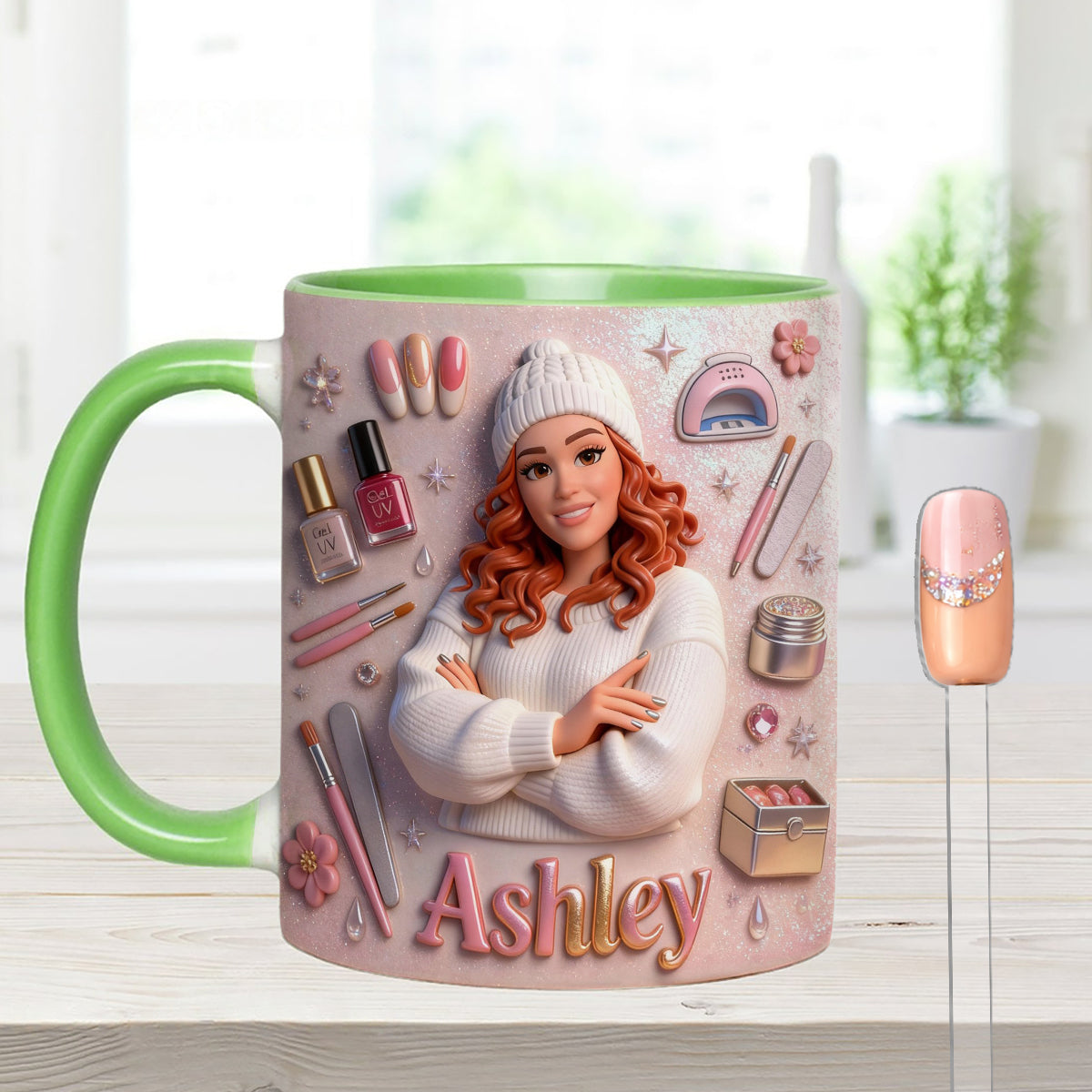 Love Nails Design, cadeau pour fille - Mug décoratif personnalisé avec agitateurs en acrylique, ensemble salon de manucure