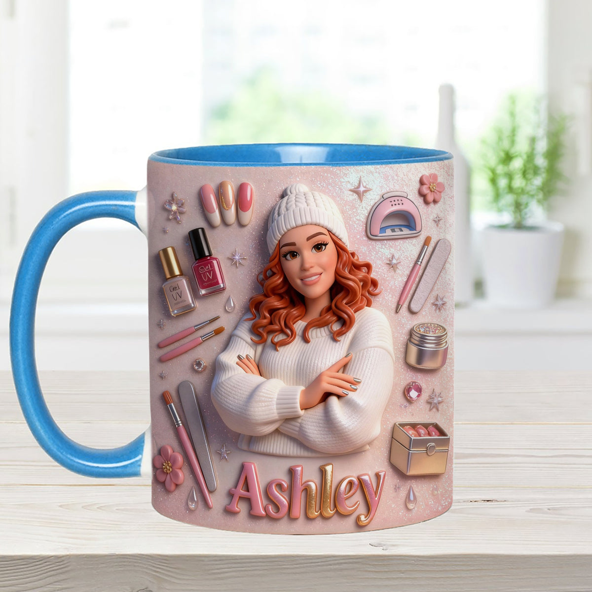 Love Nails Design, cadeau pour fille - Mug décoratif personnalisé avec agitateurs en acrylique, ensemble salon de manucure