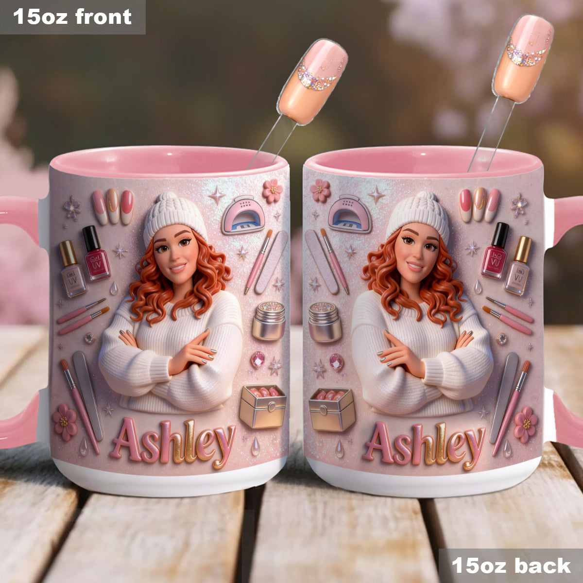 Love Nails Design, cadeau pour fille - Mug décoratif personnalisé avec agitateurs en acrylique, ensemble salon de manucure