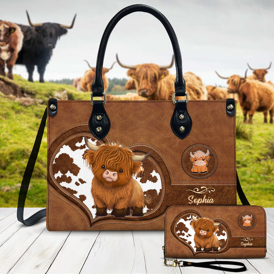 Love Highland Cow - Personalized Highland Cow Leather Handbag & Leather Long Wallet