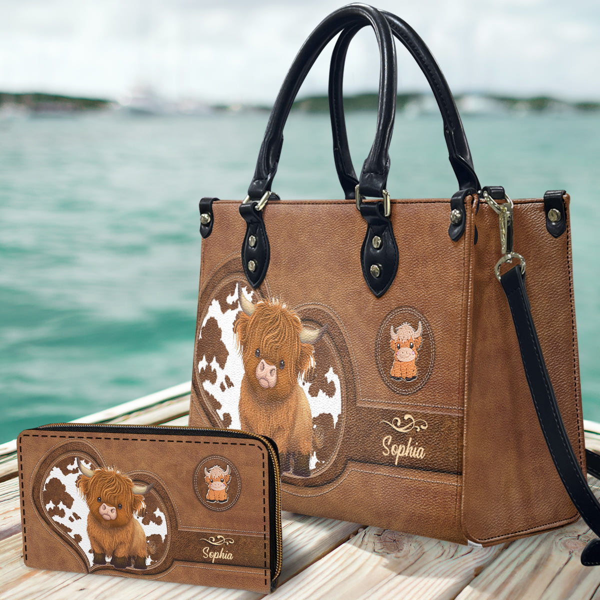 Love Highland Cow - Sac à main et portefeuille long en cuir de vache des Highlands personnalisés