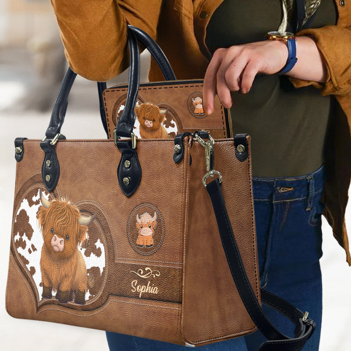 Love Highland Cow - Sac à main et portefeuille long en cuir de vache des Highlands personnalisés