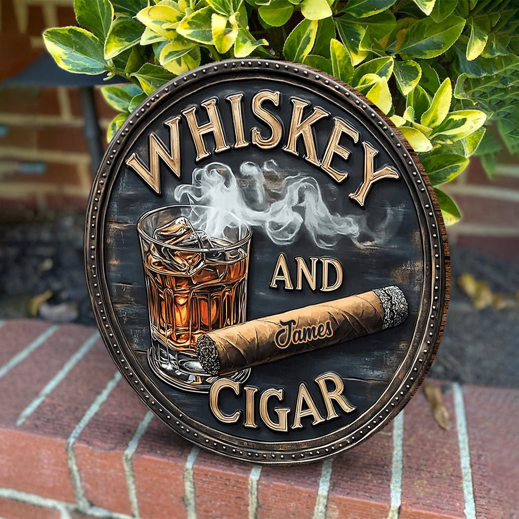 Whiskey And Cigar - Personalized Whisky Round Wood Sign