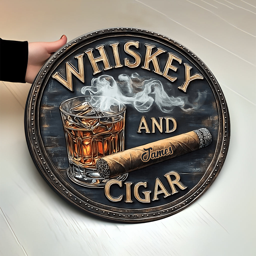 Whiskey And Cigar - Personalized Whisky Round Wood Sign