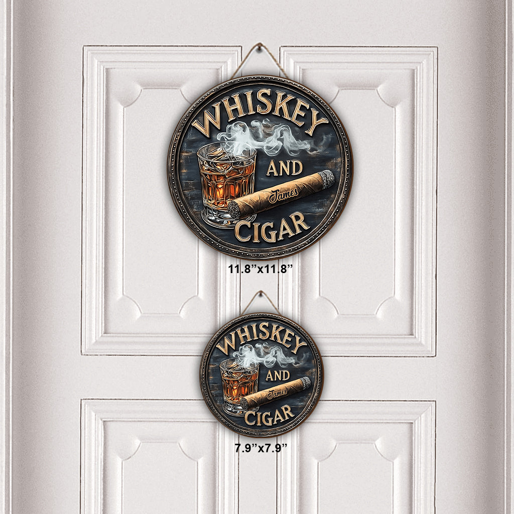 Whiskey And Cigar - Personalized Whisky Round Wood Sign