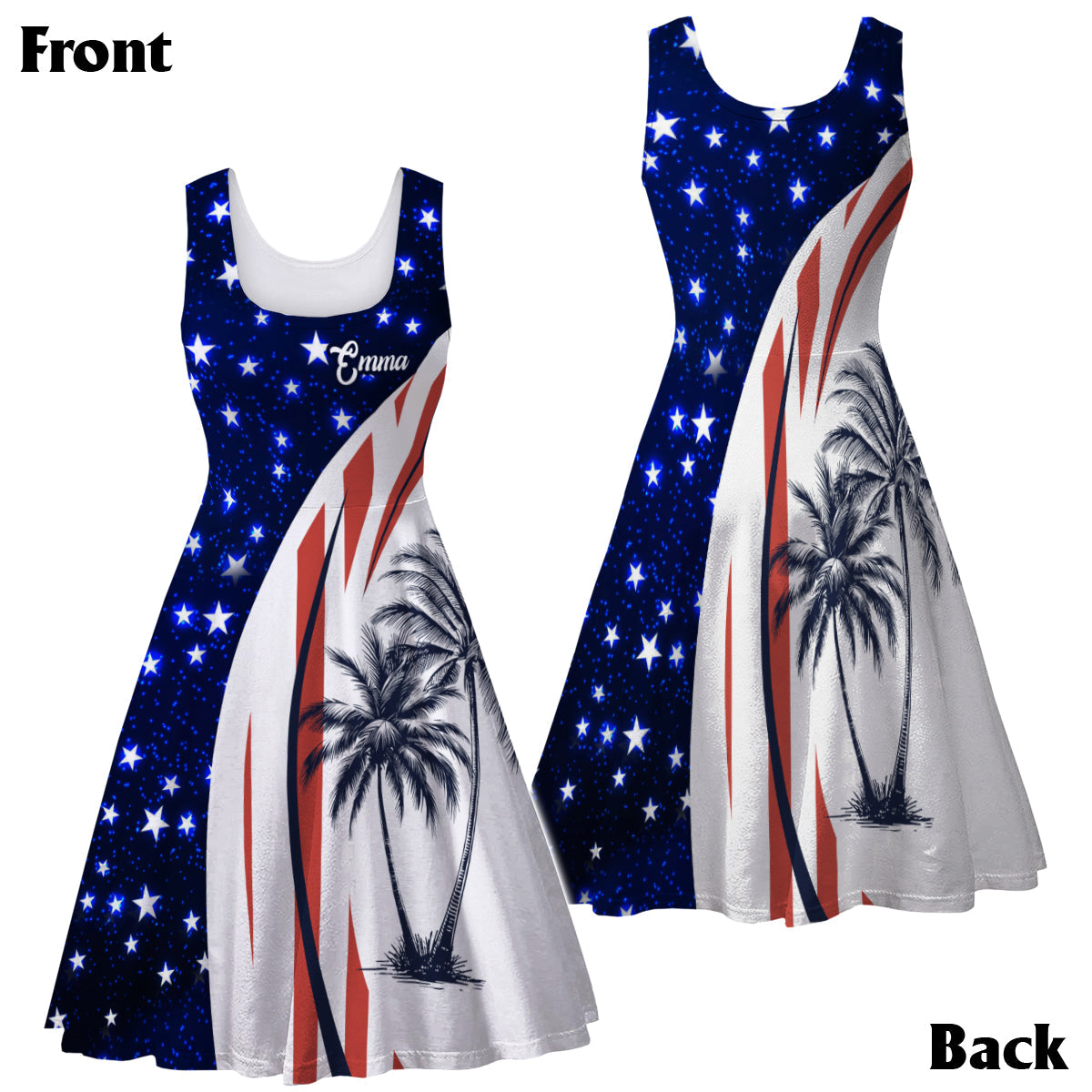 Patriotic American Flag Coconut Tree Print Matching Hawaii Beach Outfit For Couples - Personalized Couple Hawaiian Shirt & Sleeveless Dress