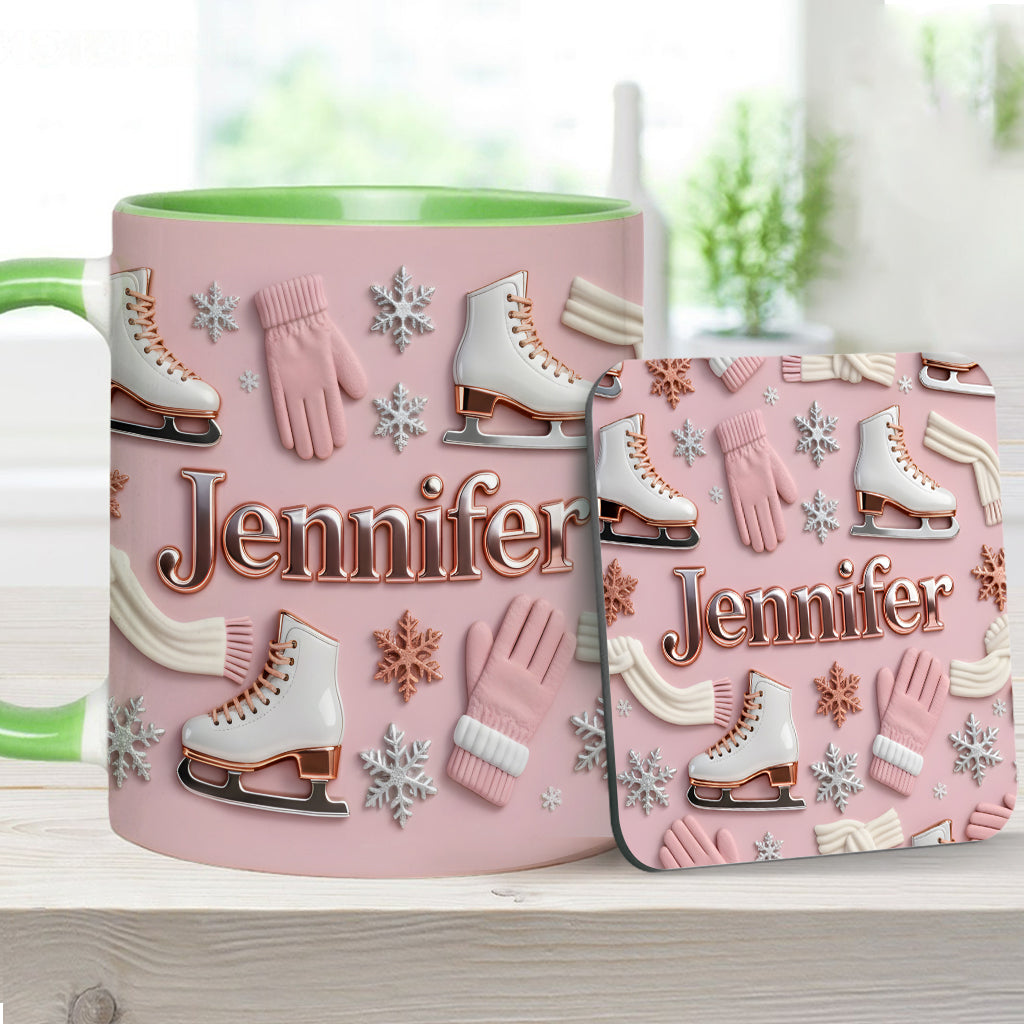 Eislaufen macht mich glücklich – Personalisierte Tasse und Untersetzer mit Eislaufmotiv