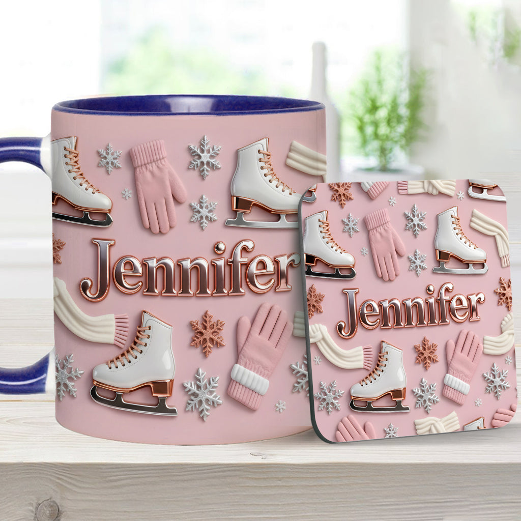 Eislaufen macht mich glücklich – Personalisierte Tasse und Untersetzer mit Eislaufmotiv