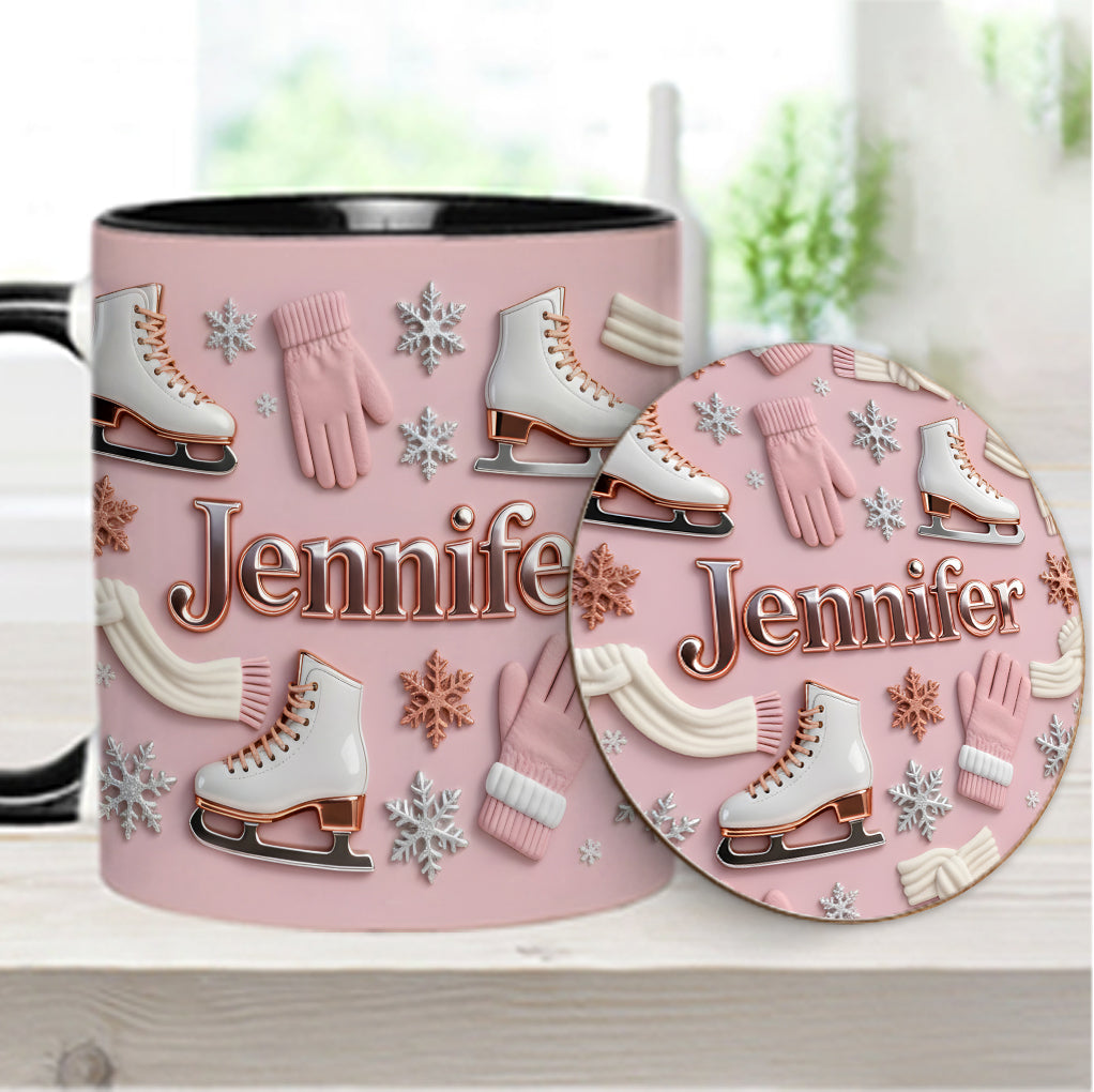 Eislaufen macht mich glücklich – Personalisierte Tasse und Untersetzer mit Eislaufmotiv