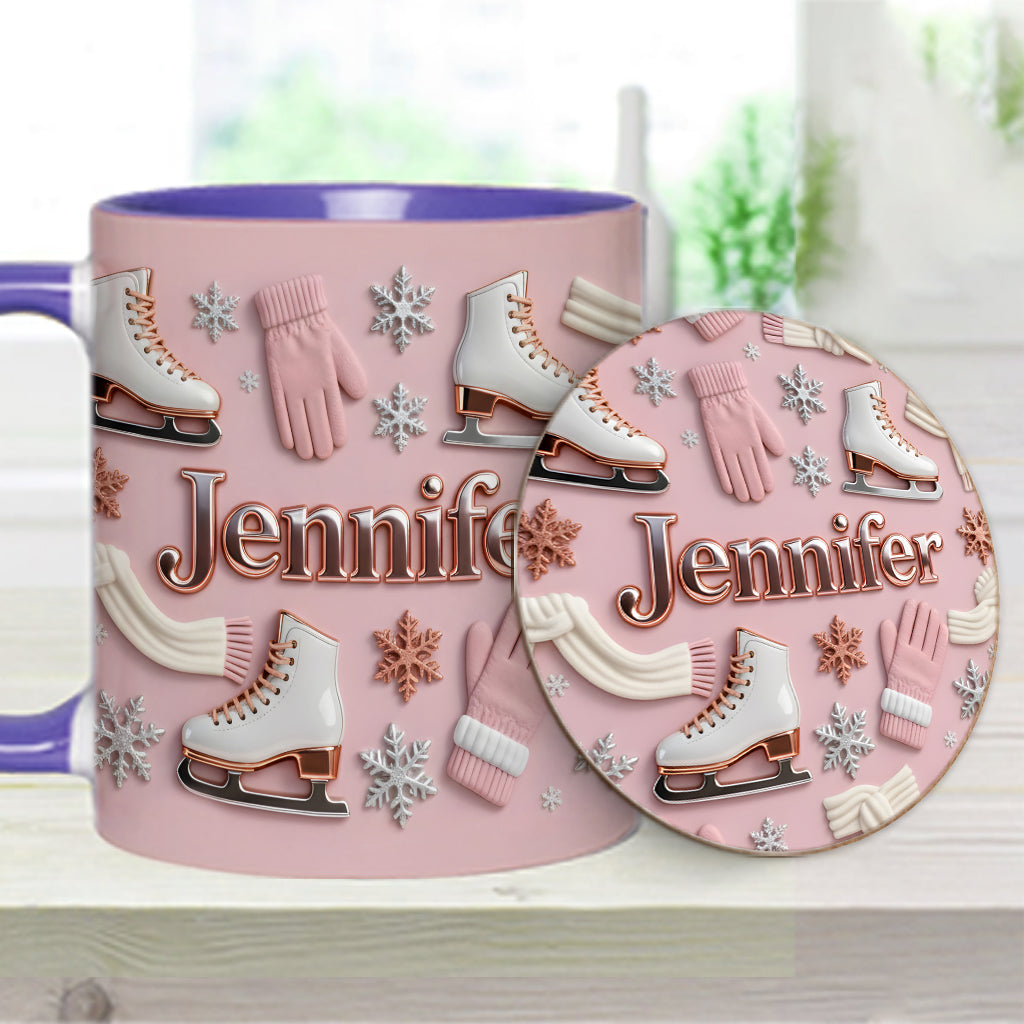 Eislaufen macht mich glücklich – Personalisierte Tasse und Untersetzer mit Eislaufmotiv