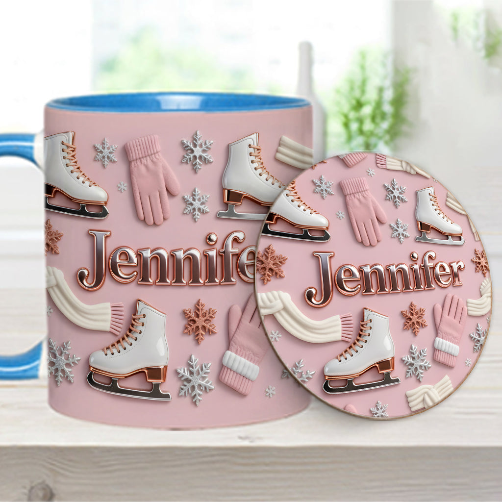 Eislaufen macht mich glücklich – Personalisierte Tasse und Untersetzer mit Eislaufmotiv