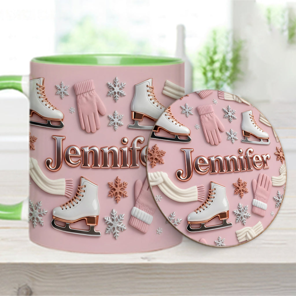 Eislaufen macht mich glücklich – Personalisierte Tasse und Untersetzer mit Eislaufmotiv
