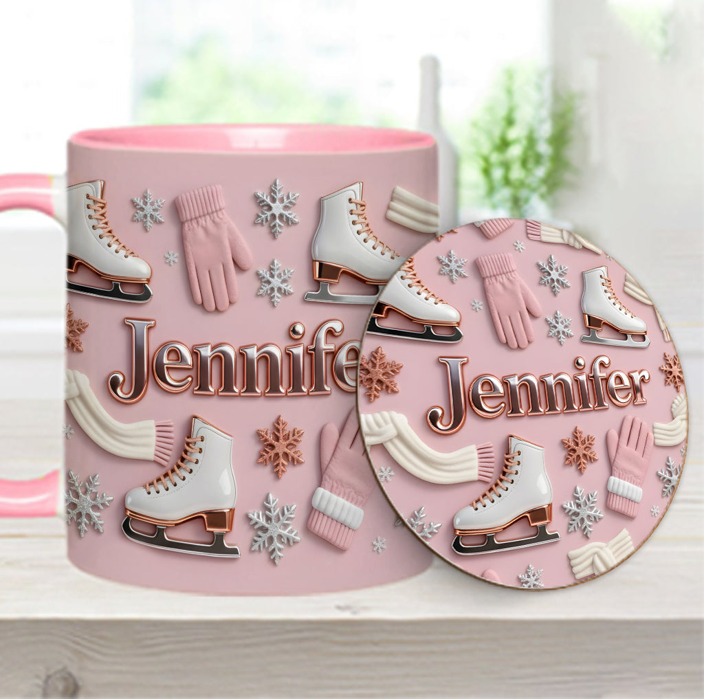 Eislaufen macht mich glücklich – Personalisierte Tasse und Untersetzer mit Eislaufmotiv