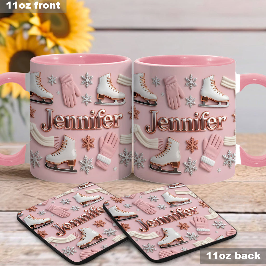 Eislaufen macht mich glücklich – Personalisierte Tasse und Untersetzer mit Eislaufmotiv