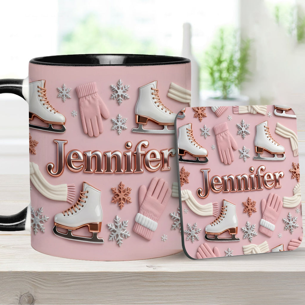 Eislaufen macht mich glücklich – Personalisierte Tasse und Untersetzer mit Eislaufmotiv