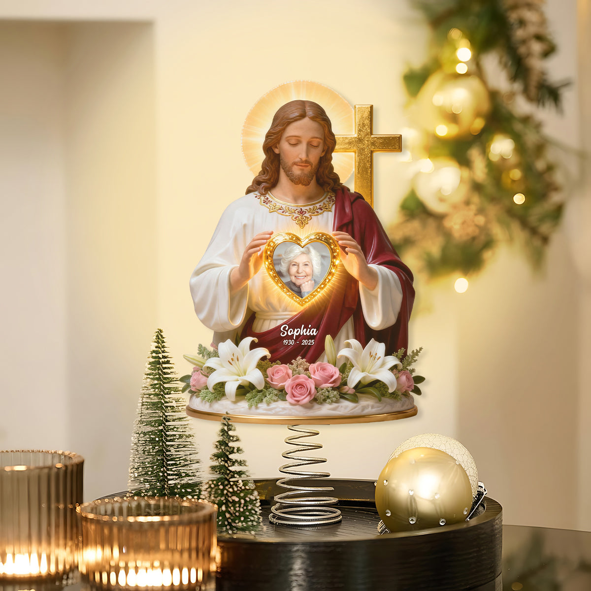 Dieu vous tient dans ses bras - Décoration de sapin lumineuse chrétienne personnalisée à LED