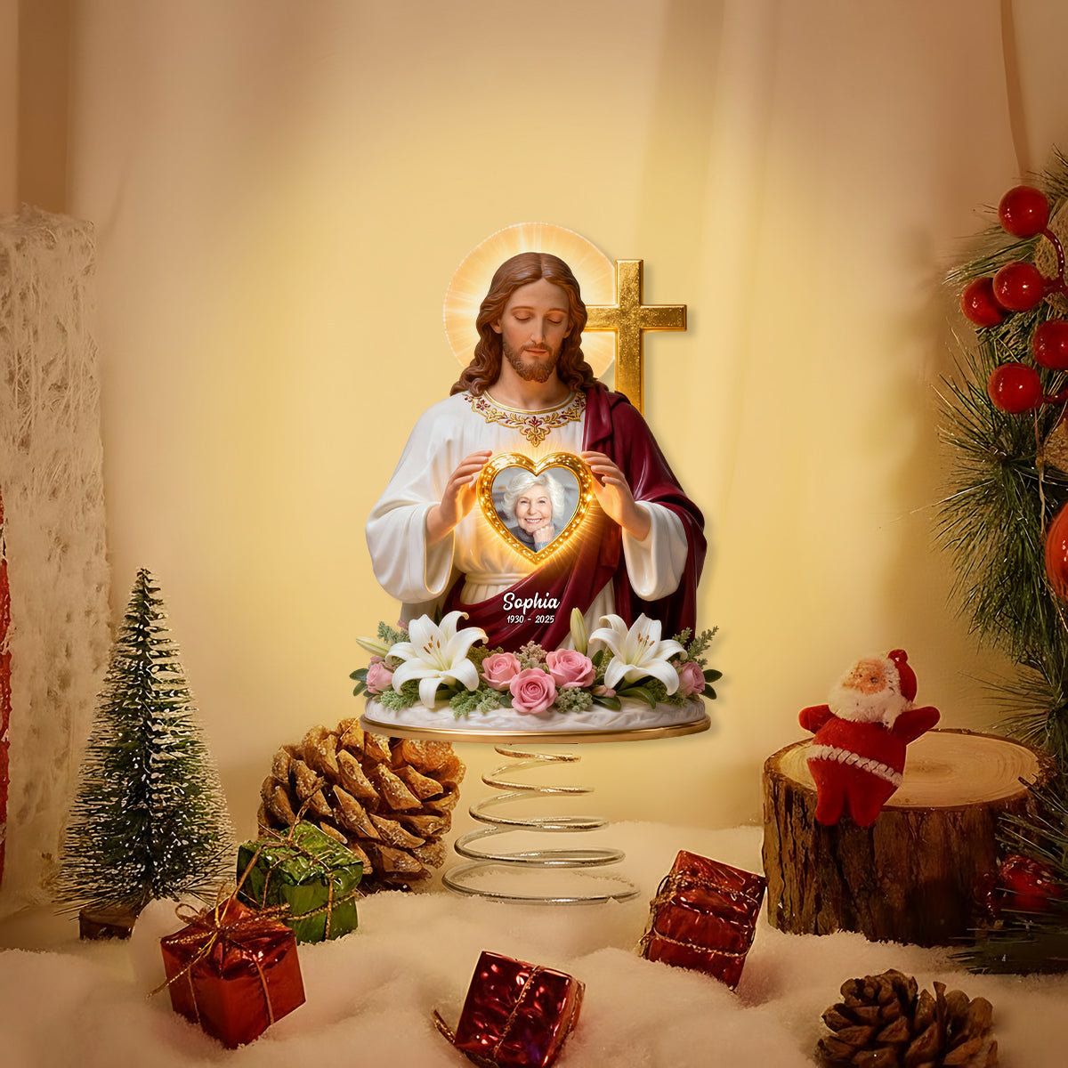 Dieu vous tient dans ses bras - Décoration de sapin lumineuse chrétienne personnalisée à LED