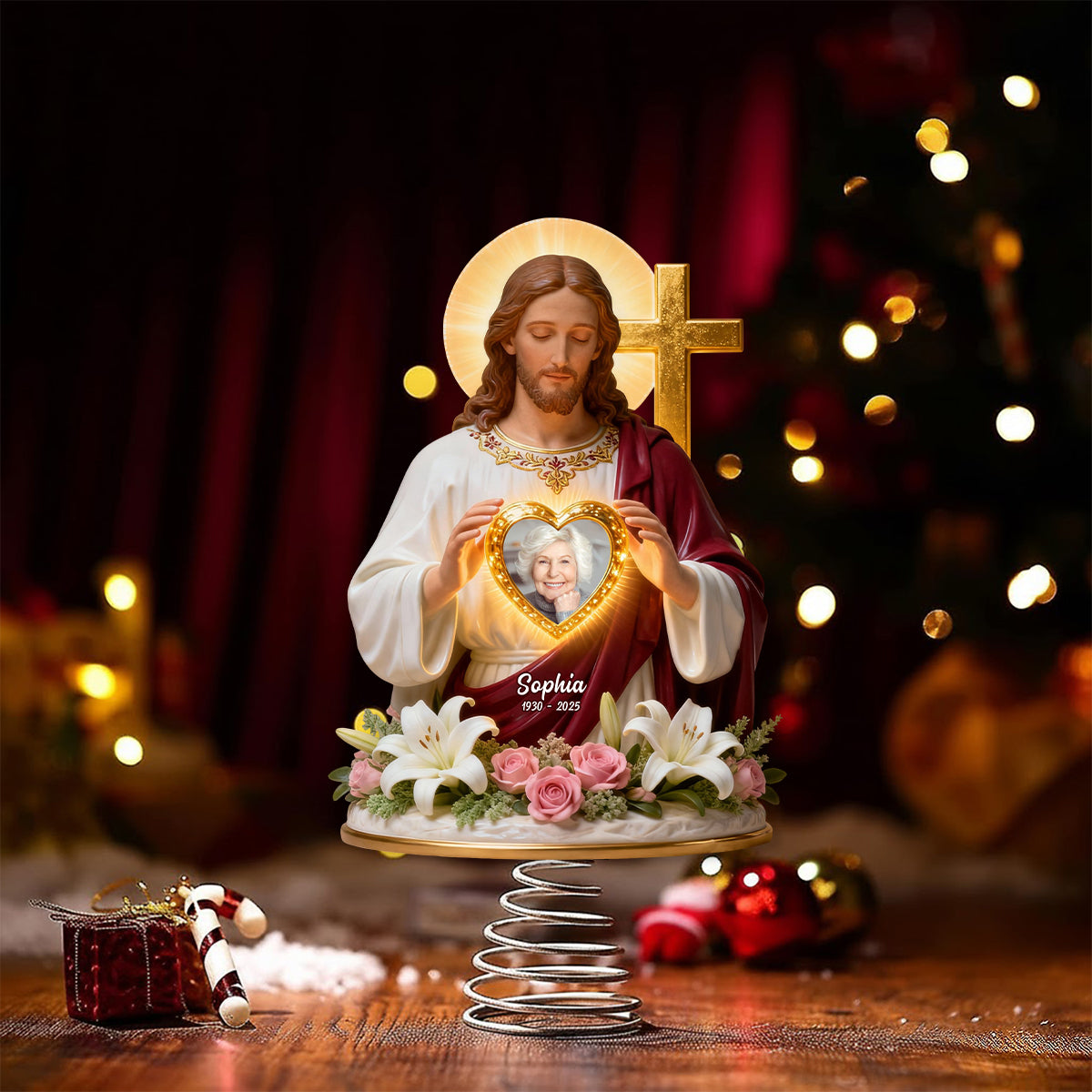 Dieu vous tient dans ses bras - Décoration de sapin lumineuse chrétienne personnalisée à LED