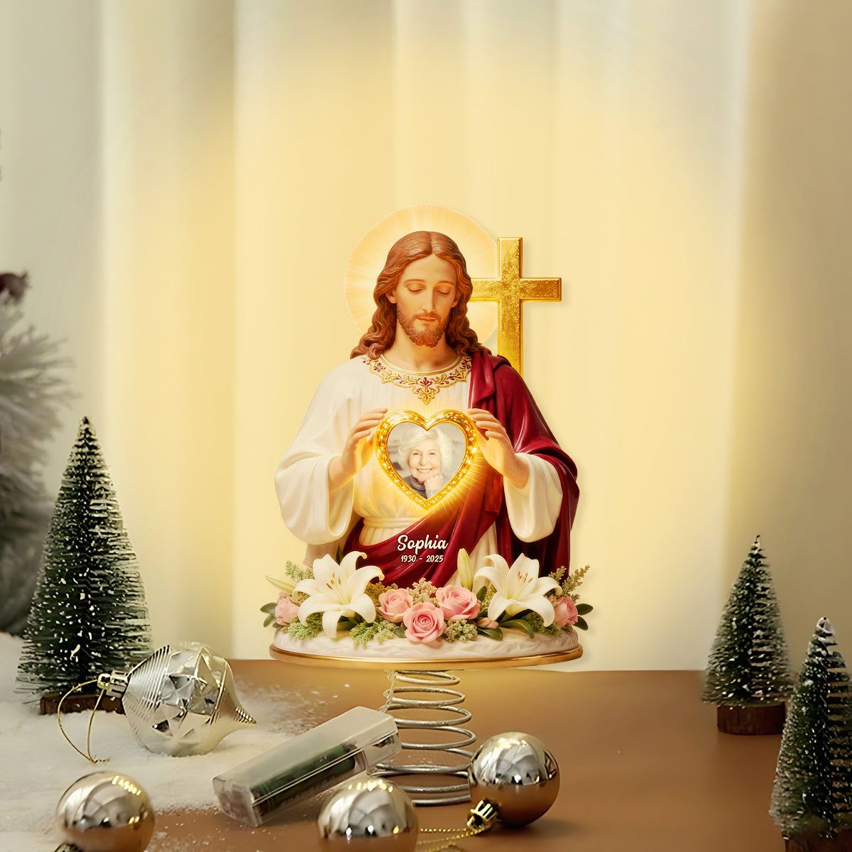 Dieu vous tient dans ses bras - Décoration de sapin lumineuse chrétienne personnalisée à LED