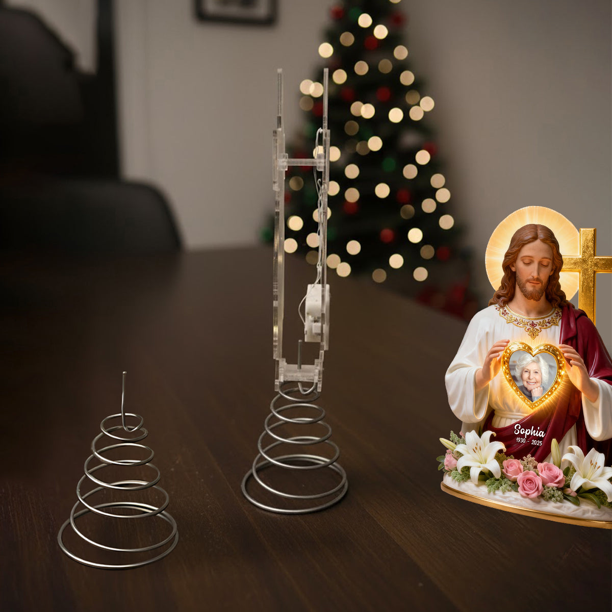 Dieu vous tient dans ses bras - Décoration de sapin lumineuse chrétienne personnalisée à LED