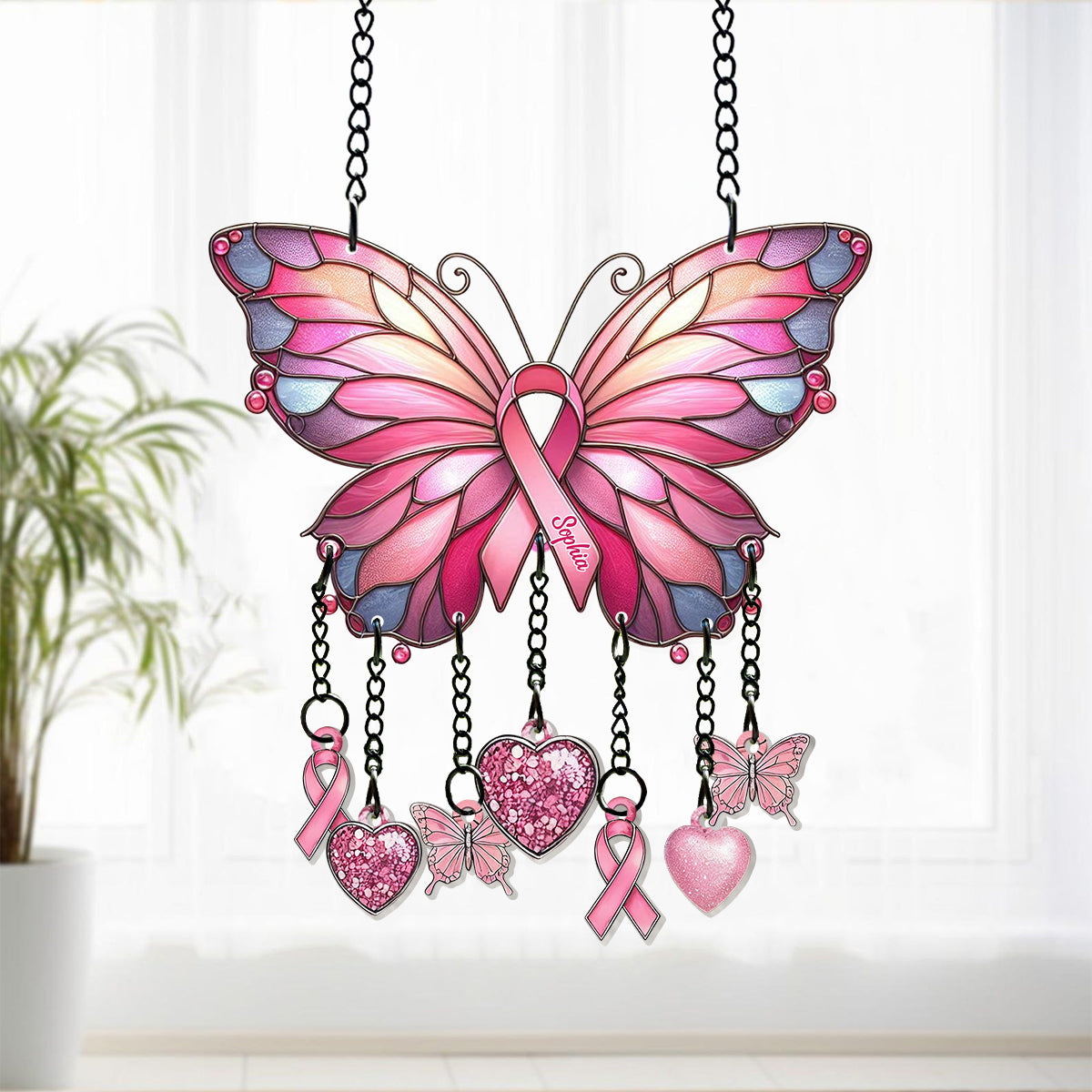 Stronger Than The Storm - Personalized Breast Cancer Awareness Window Hanging Suncatcher With Charms