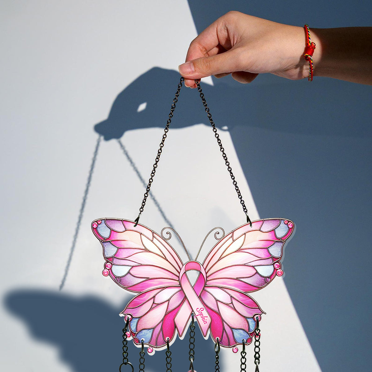 Stronger Than The Storm - Personalized Breast Cancer Awareness Window Hanging Suncatcher With Charms