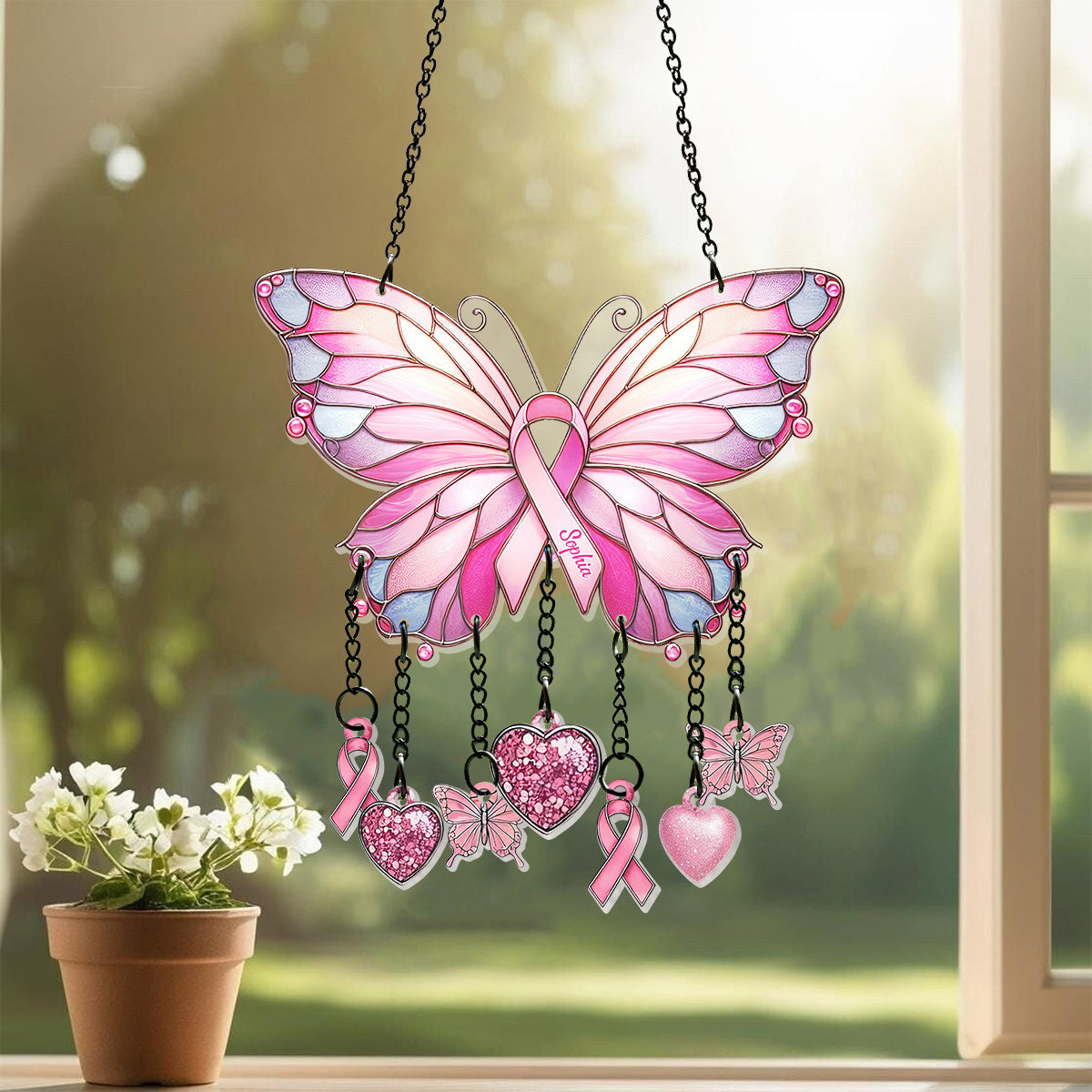 Stronger Than The Storm - Personalized Breast Cancer Awareness Window Hanging Suncatcher With Charms