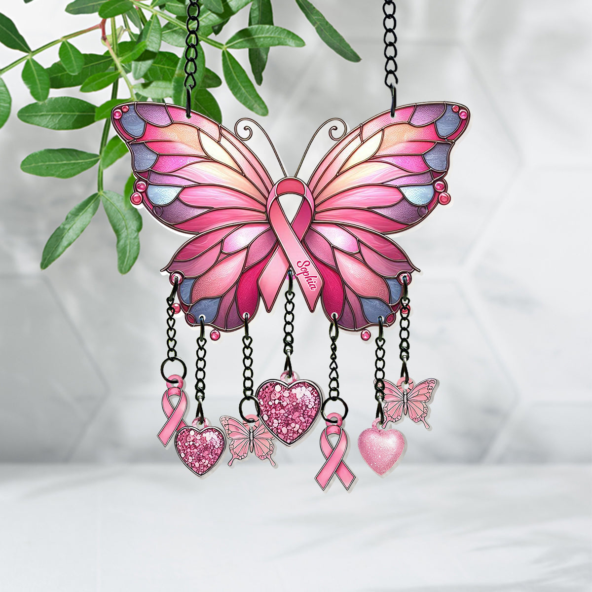 Stronger Than The Storm - Personalized Breast Cancer Awareness Window Hanging Suncatcher With Charms