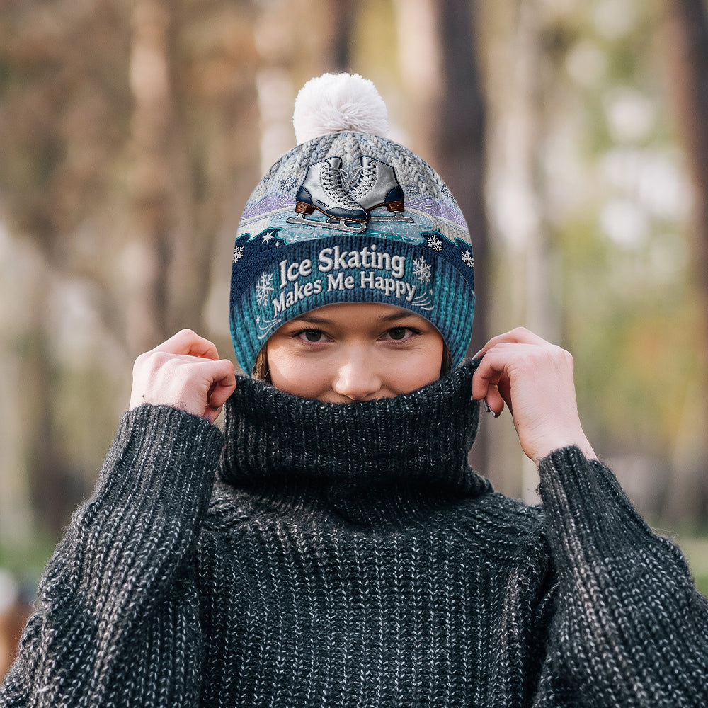 Ice Skating Makes Me Happy - Personalized Ice Skating Beanie Hat