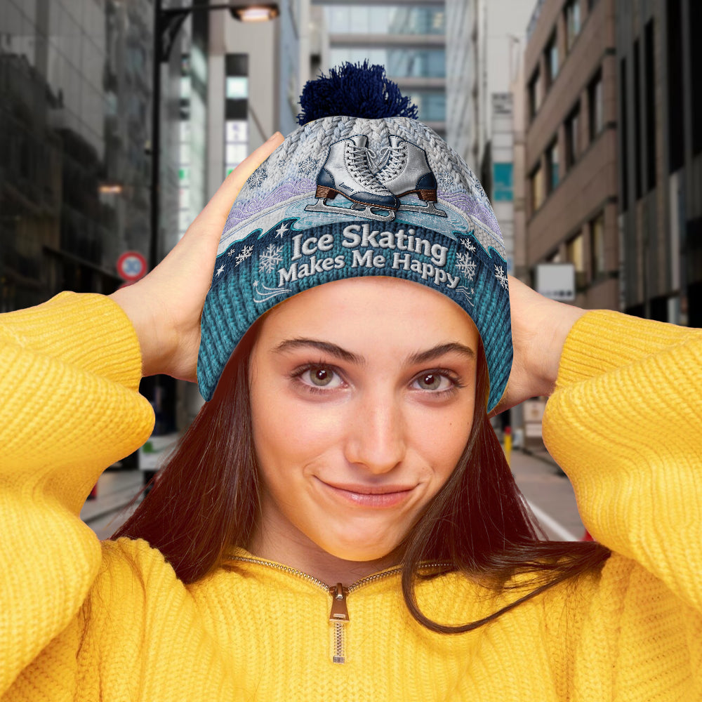 Ice Skating Makes Me Happy - Personalized Ice Skating Beanie Hat
