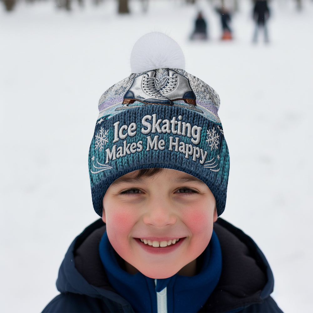 Ice Skating Makes Me Happy - Personalized Ice Skating Beanie Hat