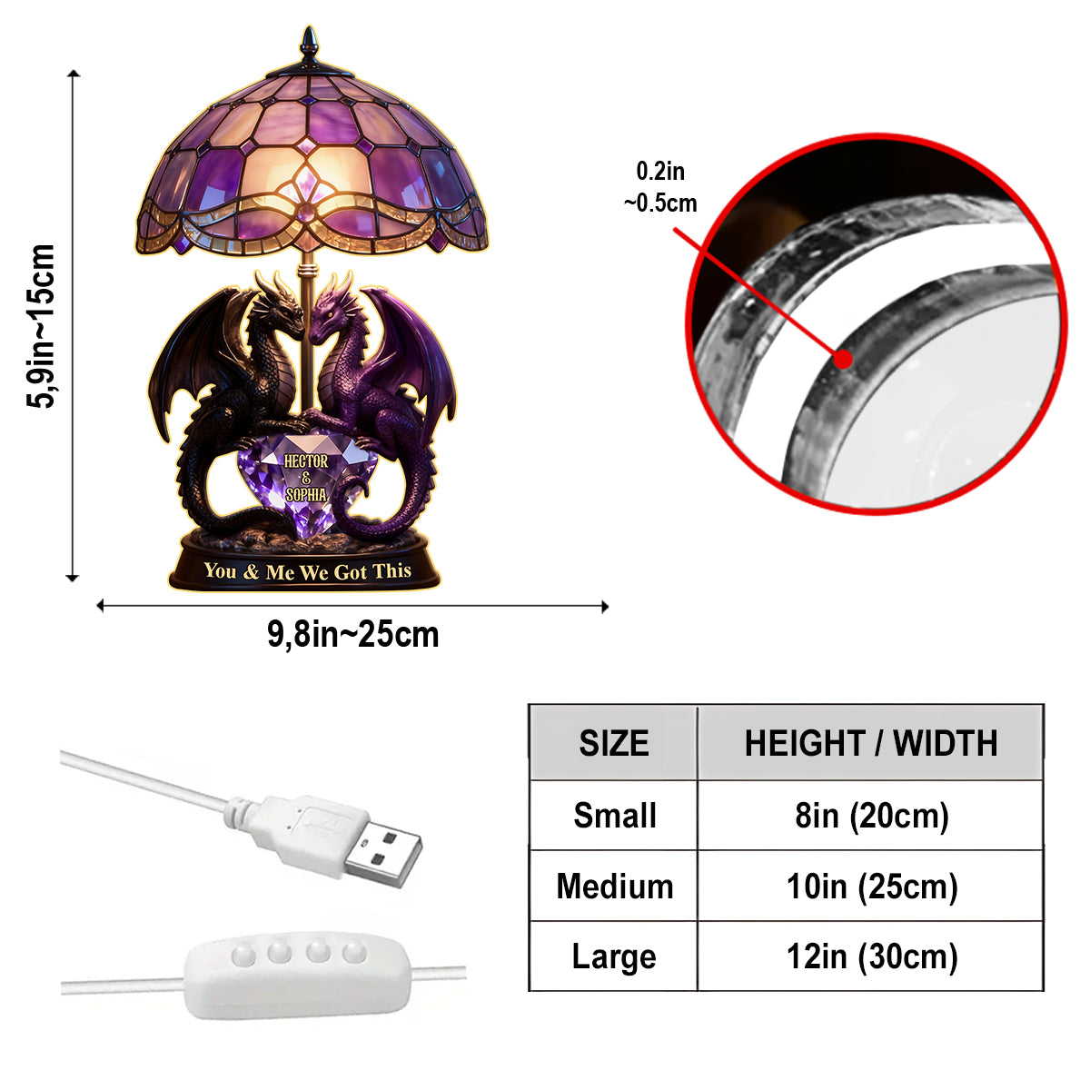 Du und ich, wir schaffen das – Personalisierte Drachen-LED-Nachtleuchte aus Acryl