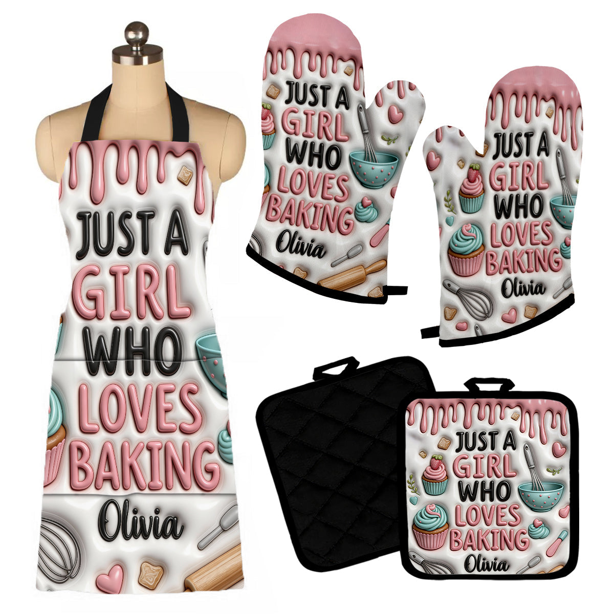 Baker Gift - Personalized Baking Apron, Oven Mitts & Pot Holder