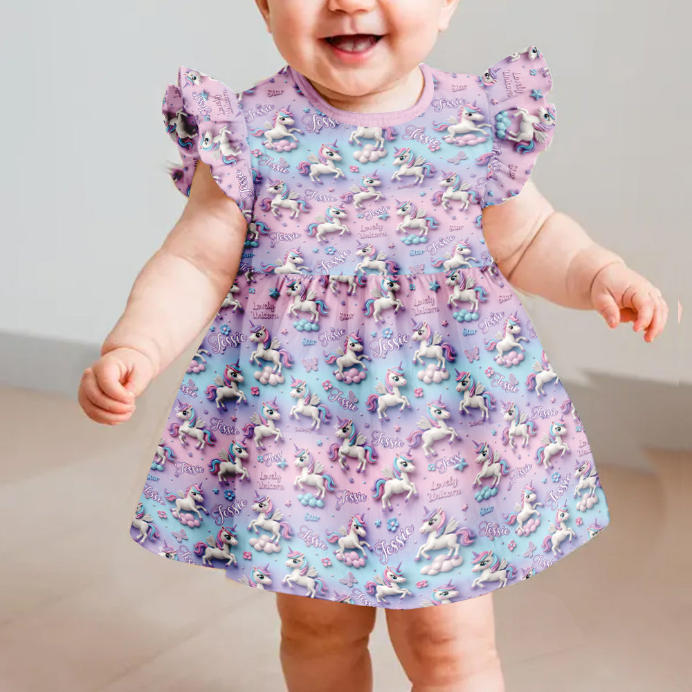 Kid Unicorn - Personalized Kid Ruffle Sleeve Dress