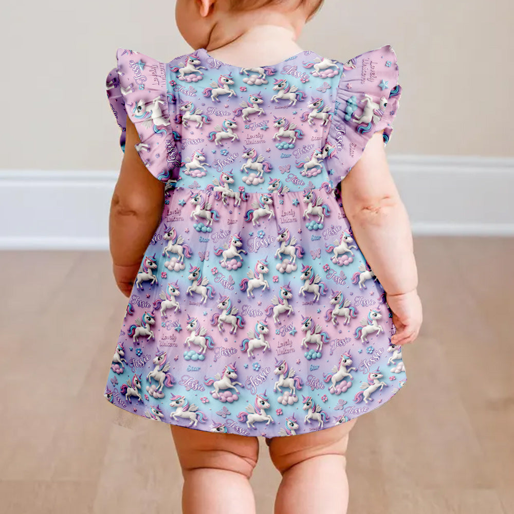 Kid Unicorn - Personalized Kid Ruffle Sleeve Dress