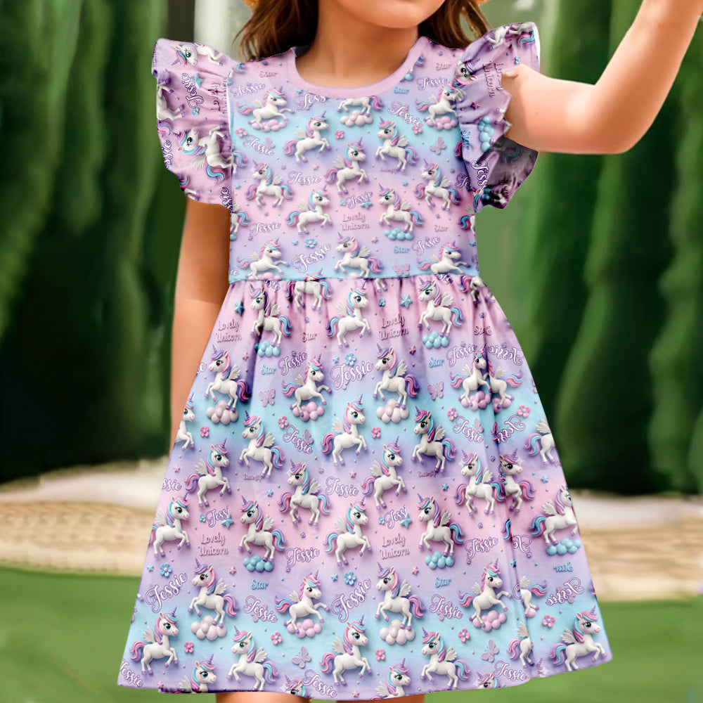 Kid Unicorn - Personalized Kid Ruffle Sleeve Dress