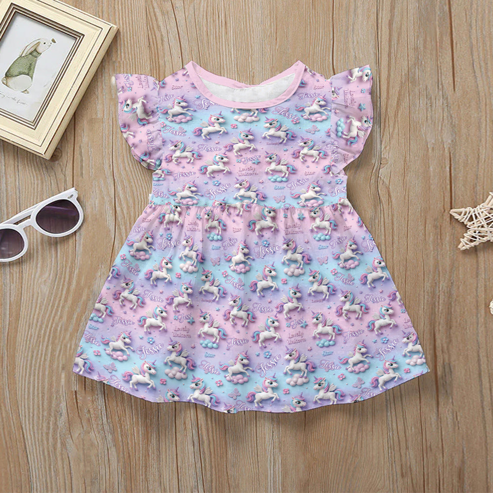 Kid Unicorn - Personalized Kid Ruffle Sleeve Dress