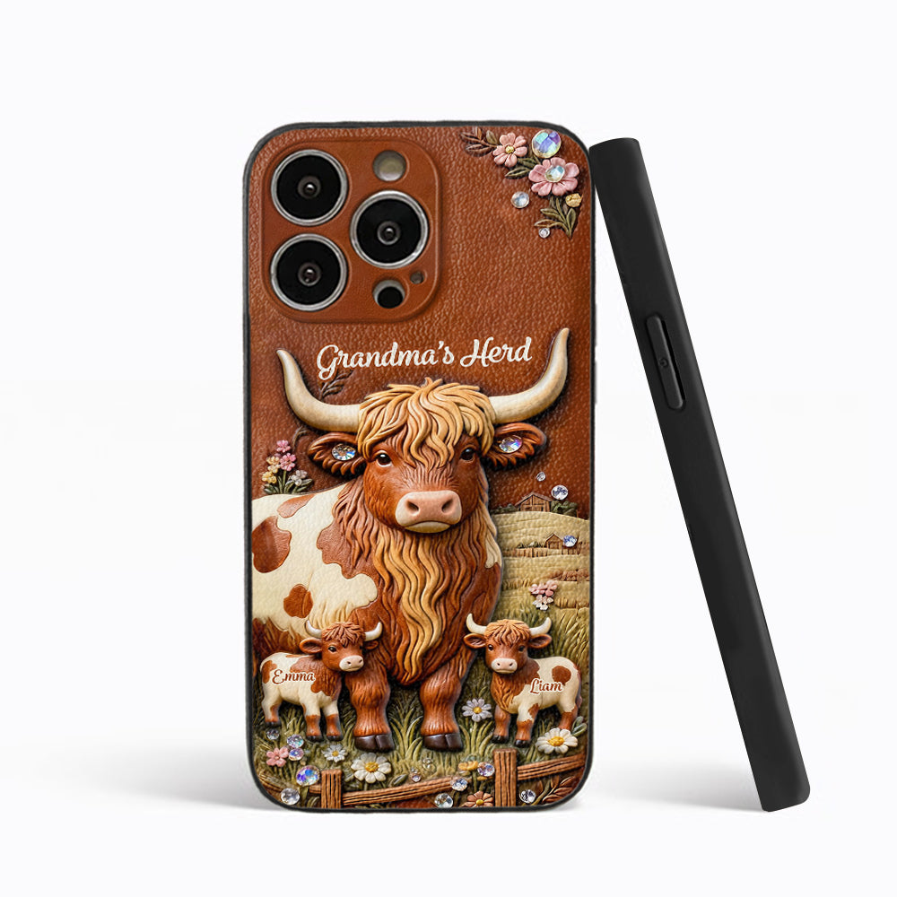 Grandma's Herd - Personalized Highland Cow 3D Embossed Leather Phone Case