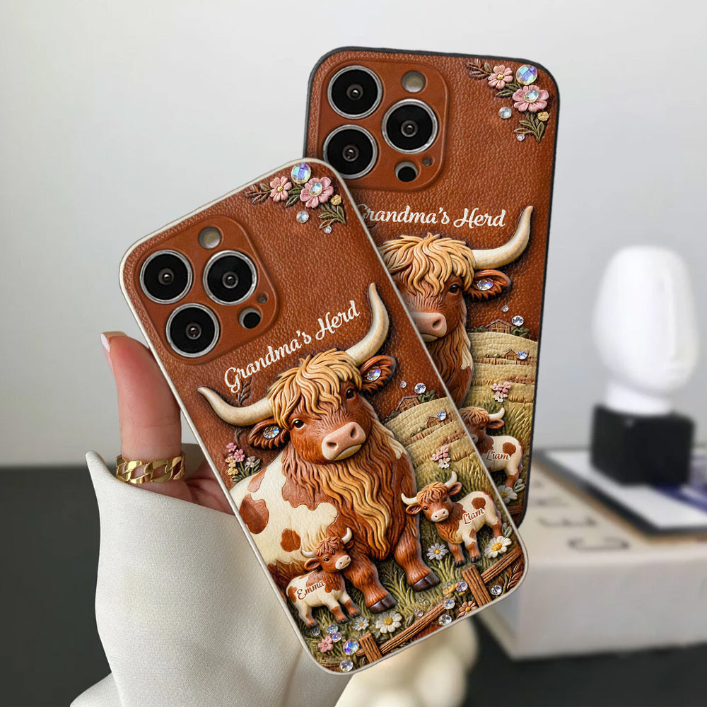 Grandma's Herd - Personalized Highland Cow 3D Embossed Leather Phone Case
