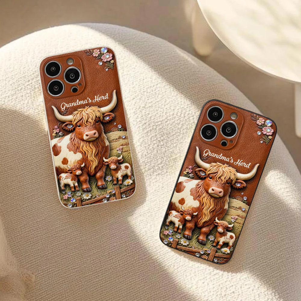Grandma's Herd - Personalized Highland Cow 3D Embossed Leather Phone Case