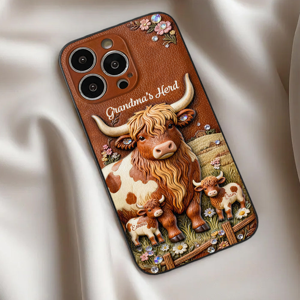 Grandma's Herd - Personalized Highland Cow 3D Embossed Leather Phone Case