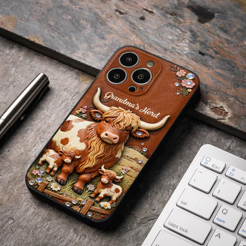 Grandma's Herd - Personalized Highland Cow 3D Embossed Leather Phone Case