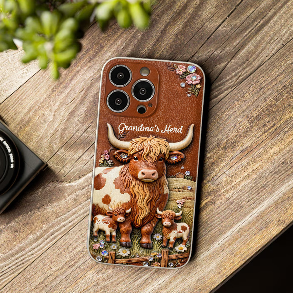 Grandma's Herd - Personalized Highland Cow 3D Embossed Leather Phone Case