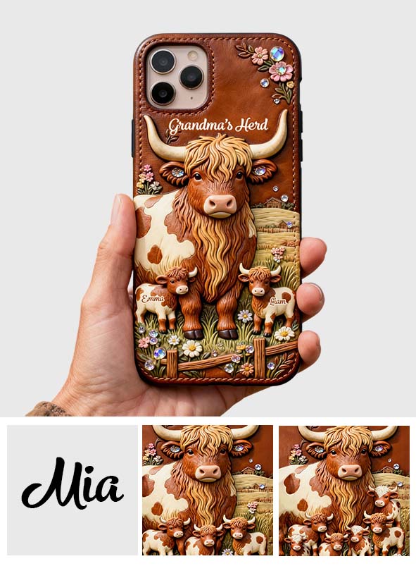 Grandma's Herd - Personalized Highland Cow 3D Embossed Leather Phone Case