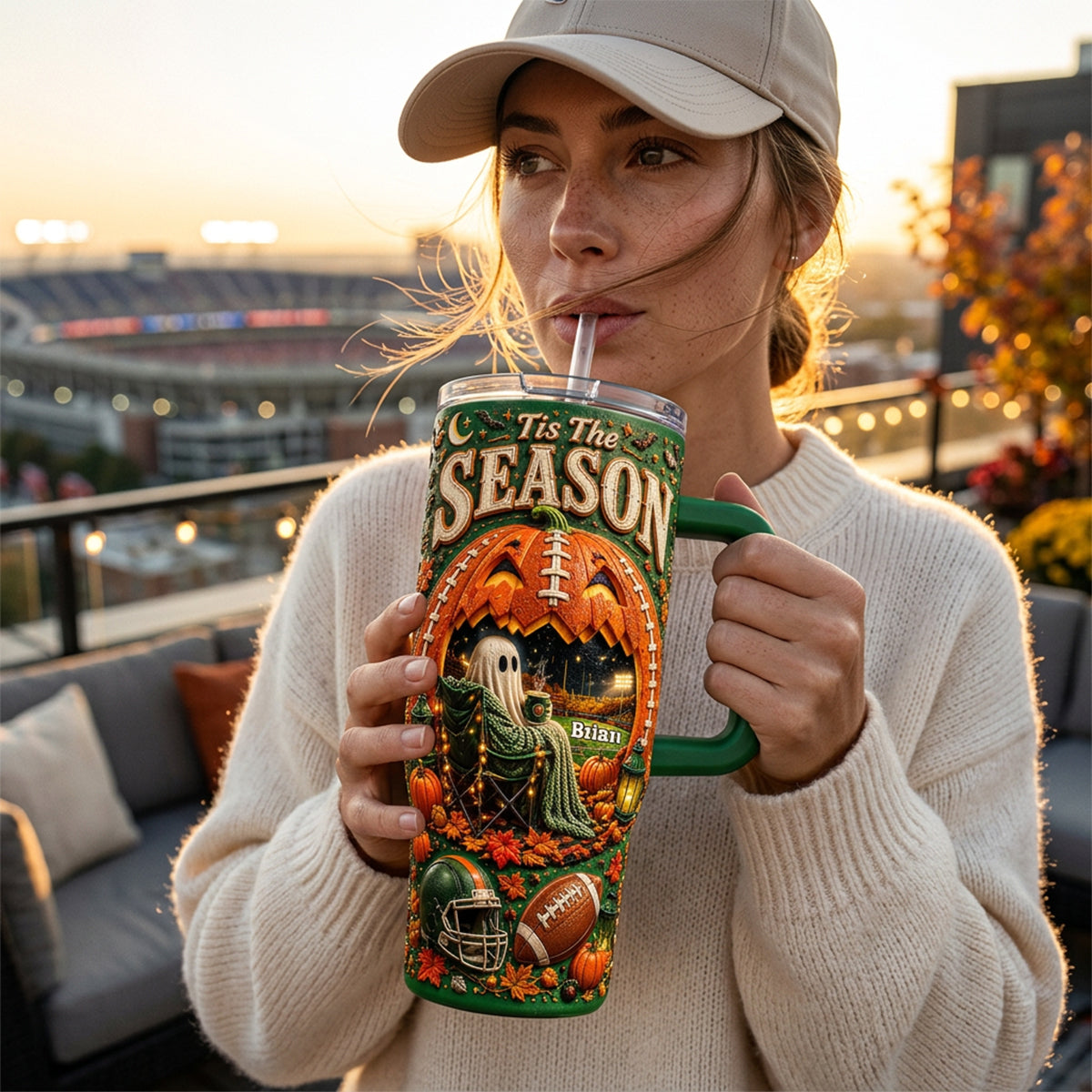 Tis The Season - Personalized Football Tumbler With Handle