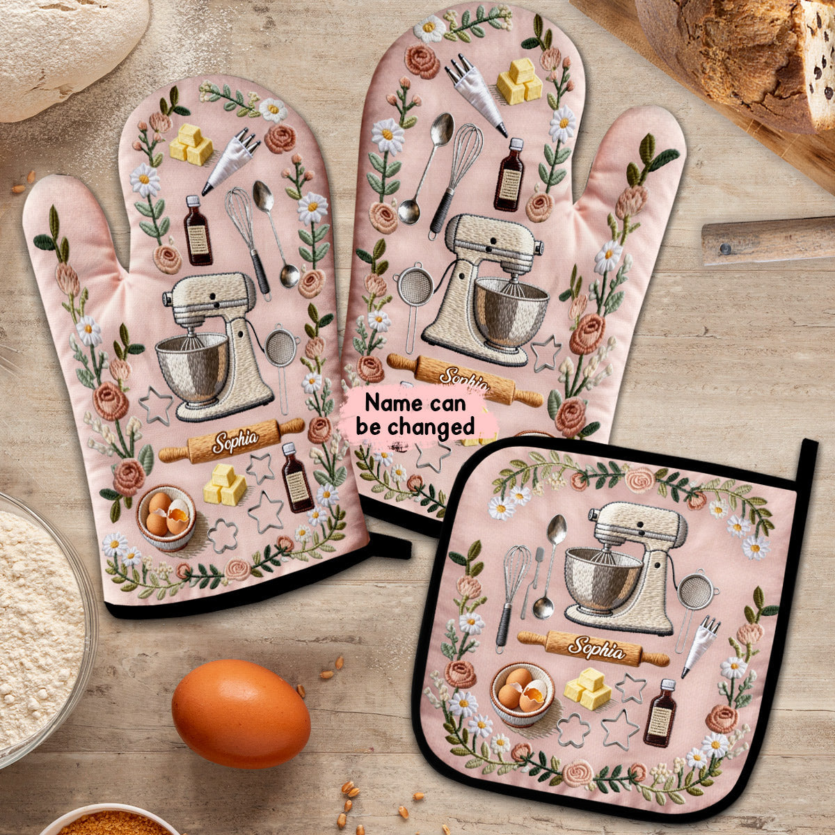 Love Baking - Personalized Baking Oven Mitts & Pot Holder Set