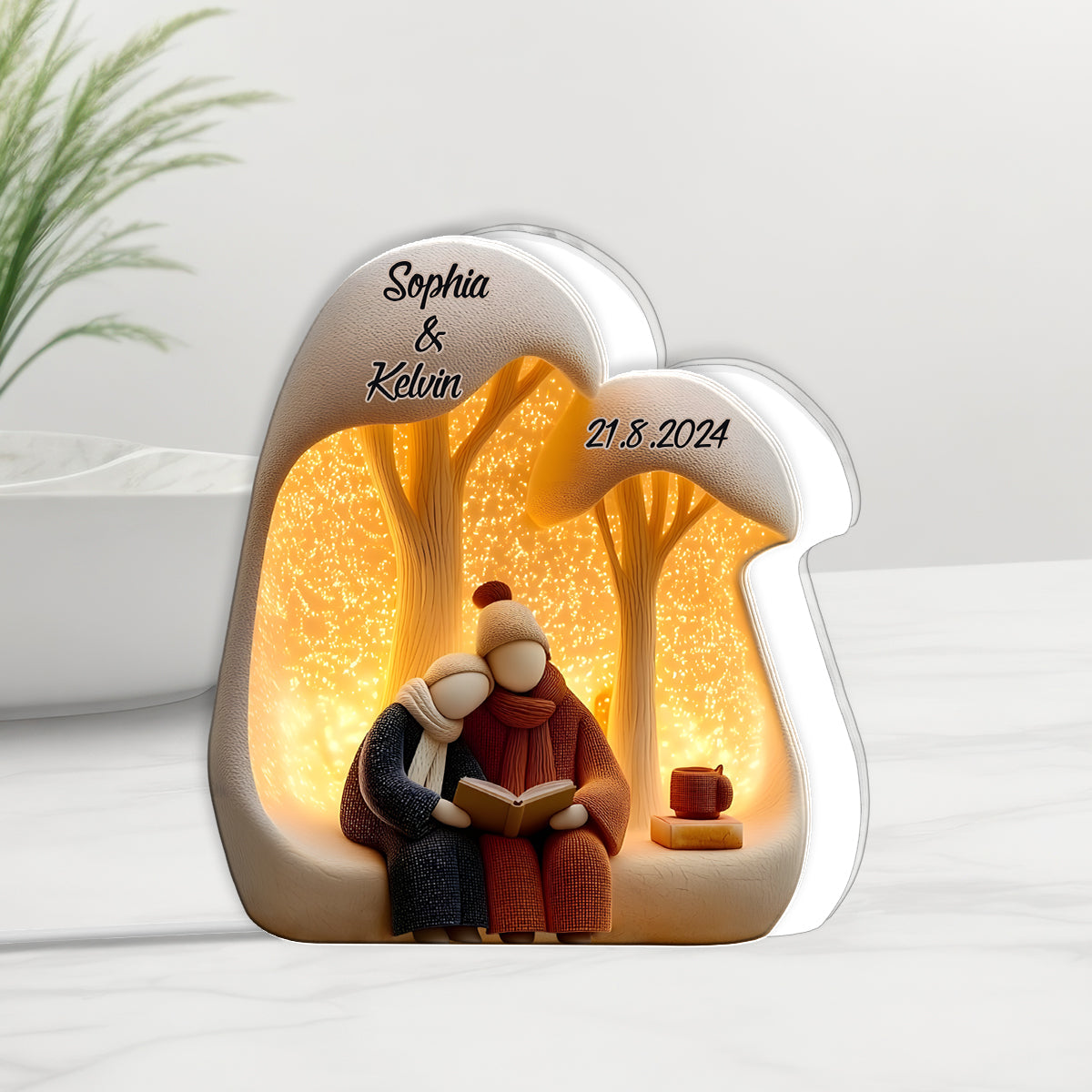 Lovely Couple Read Book Together - Personalized Couple Acrylic LED Night Light