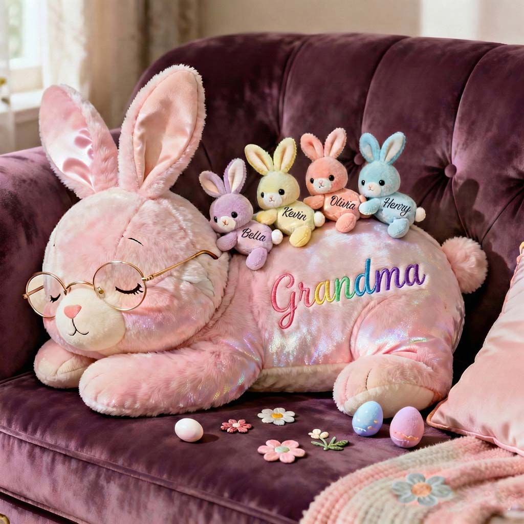 Coussin personnalisé en fausse fourrure en forme de grand-mère avec ses bébés lapins